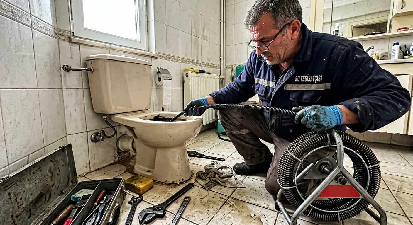 Tuvalet bağlantısı yanında mekanik ekipmanla çalışma